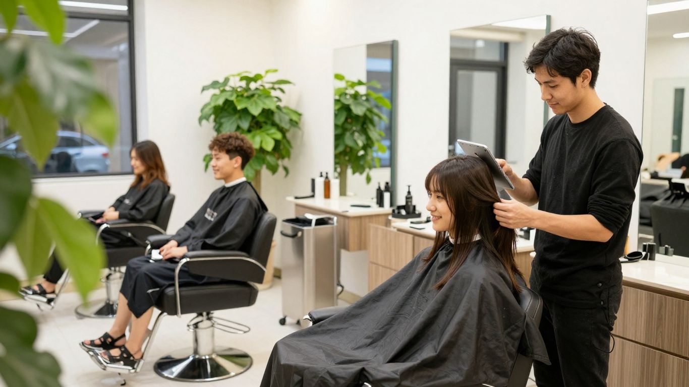 Modern salon with stylist using tablet and happy clients