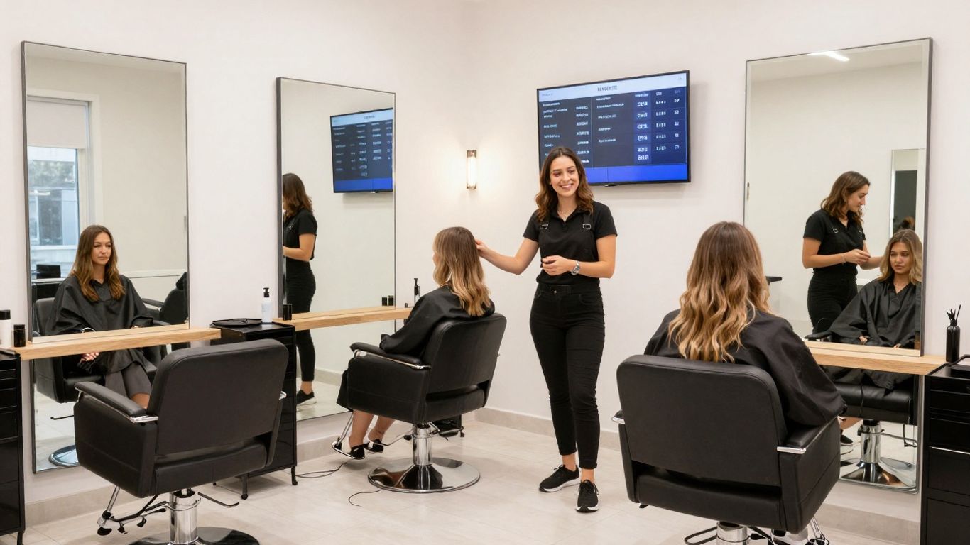 Salon with hairstylist, client, and digital appointment screens