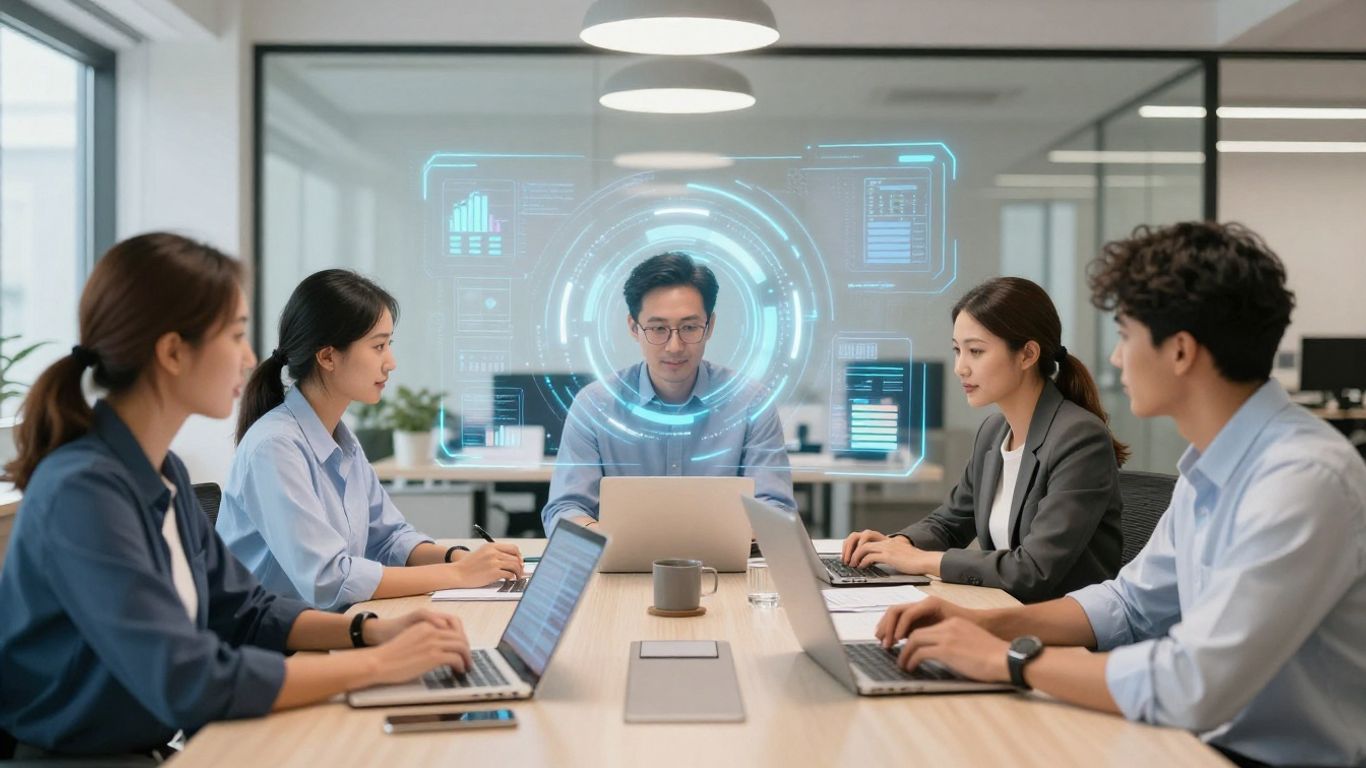 AI augmenting sales professionals in a modern office.