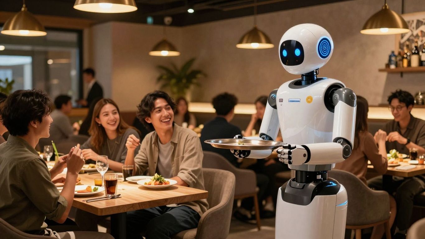 Robot server interacting with customers in restaurant