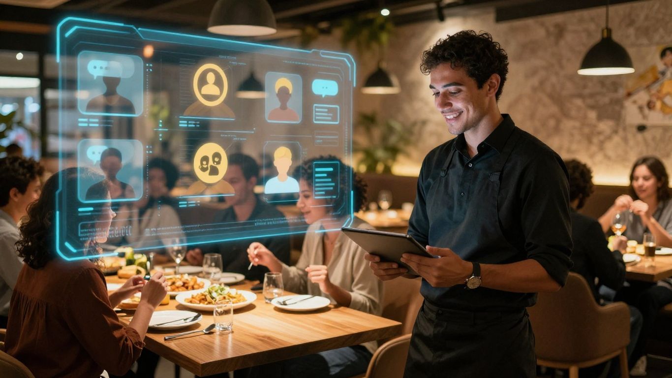 Waiter uses tablet with chatbot in restaurant setting