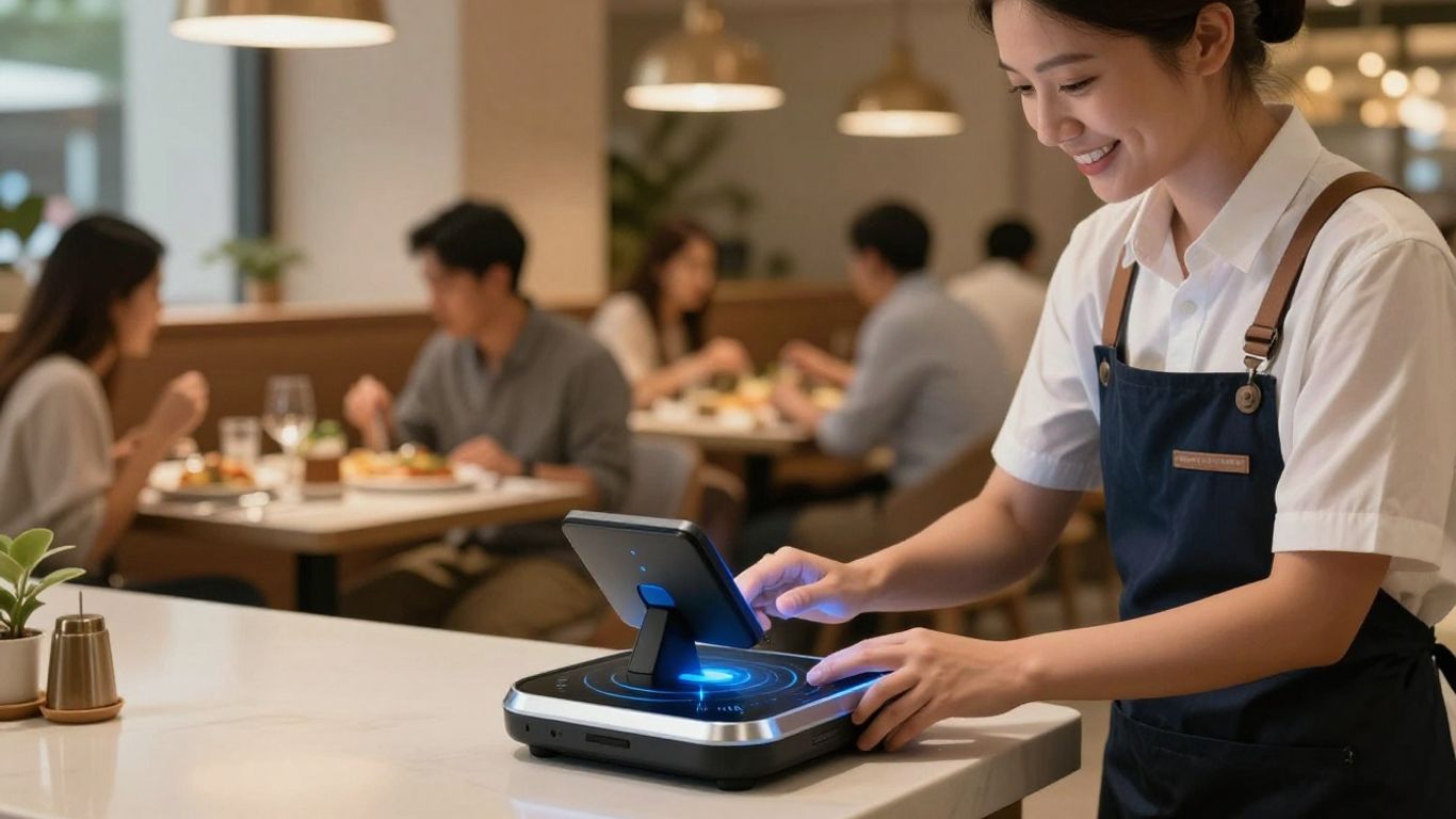 Restaurant staff using voice AI for orders