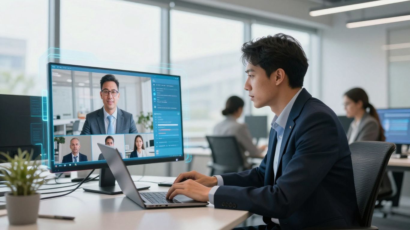 Sales team using AI software in modern office