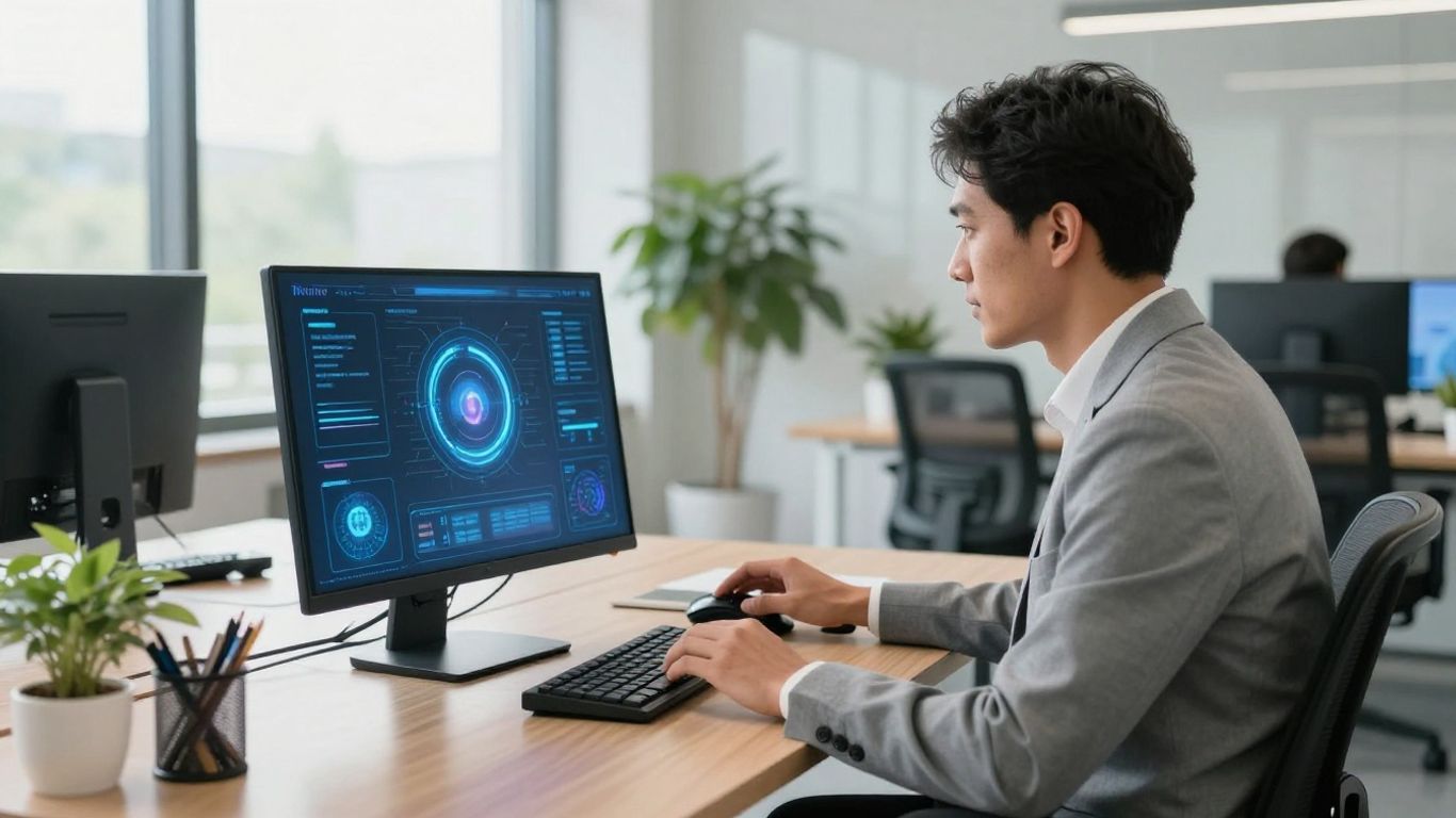 Business professional using AI assistant in modern office