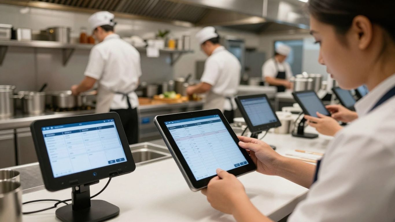 Restaurant staff using AI software on tablets