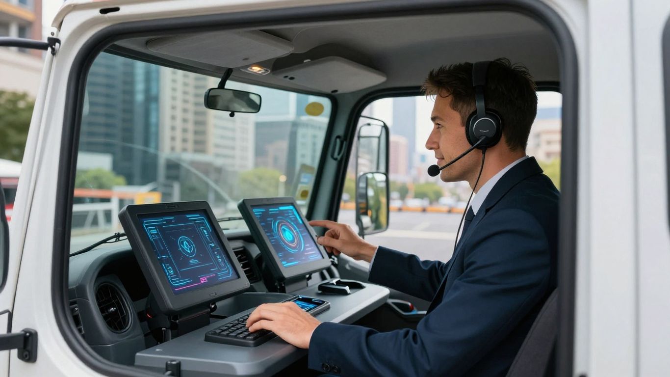 Tow truck driver using AI in modern vehicle cab