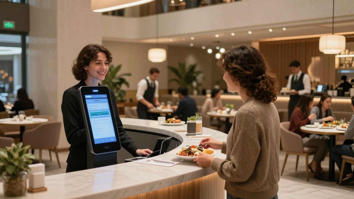AI receptionist greets guests at a modern restaurant