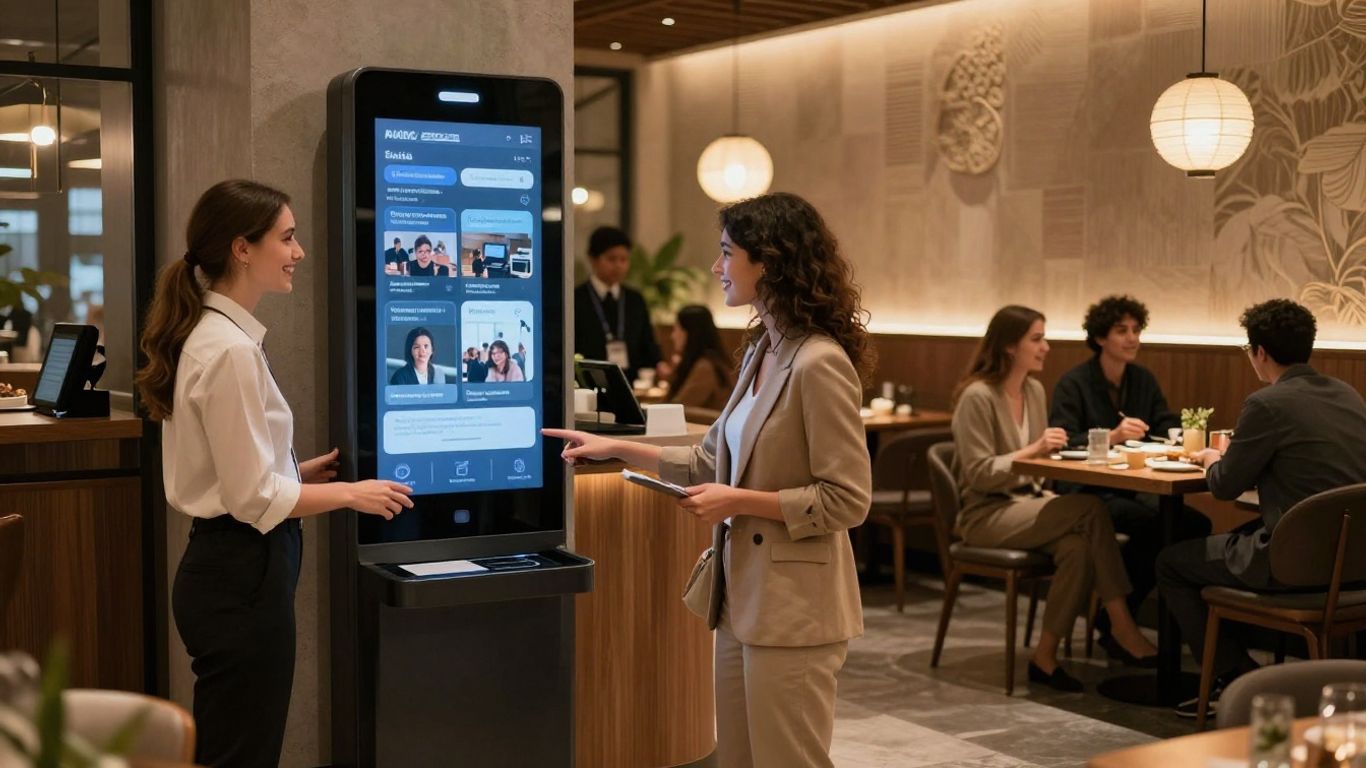 AI receptionist assisting guests in modern restaurant lobby