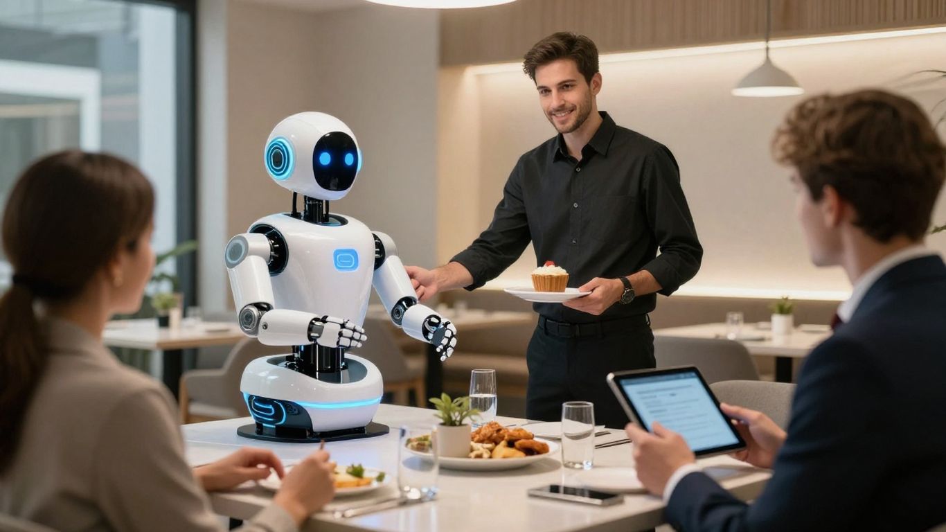 Robot server assisting customers in a futuristic restaurant