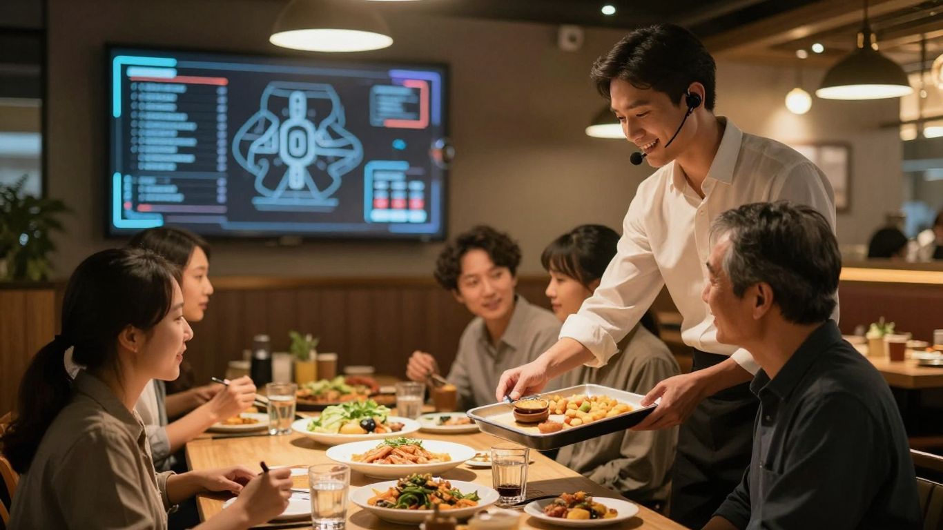 Server with earpiece taking family order in restaurant