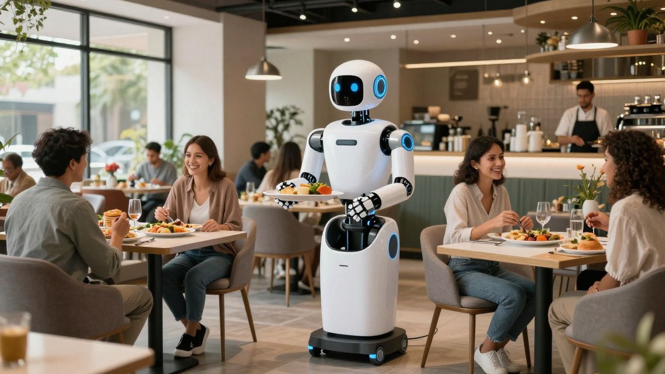 AI robot assistant serving food in a modern restaurant