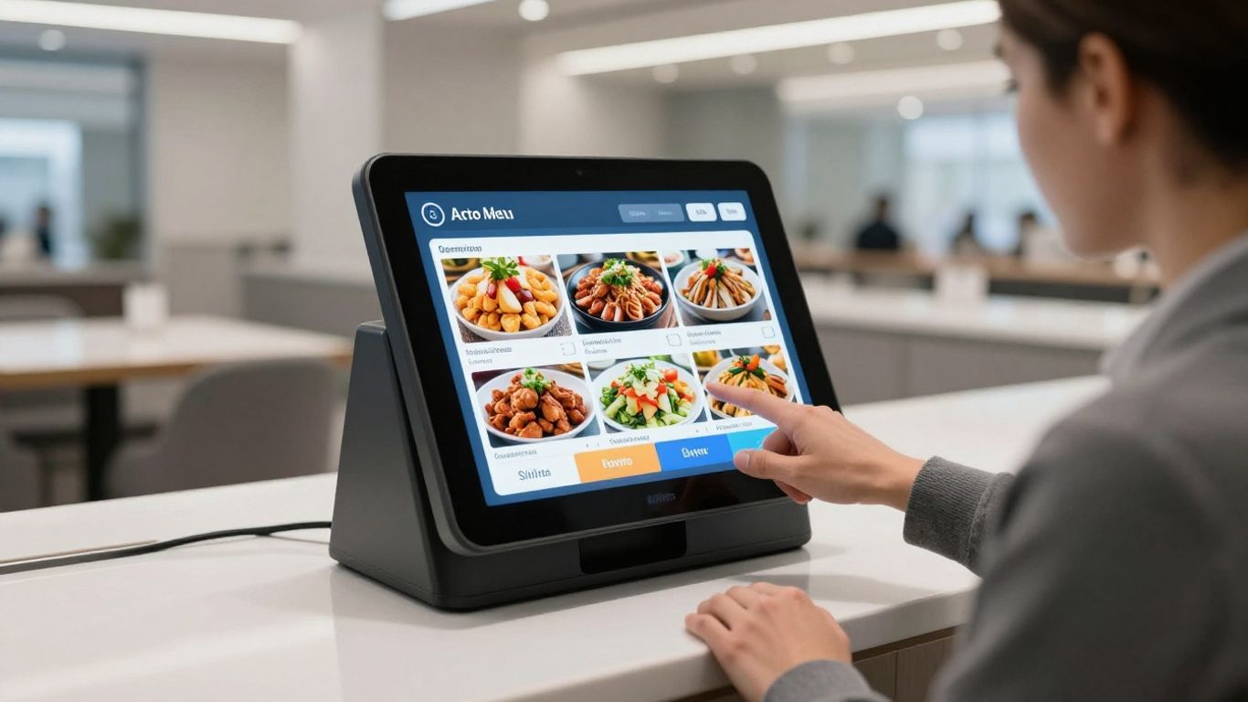 AI ordering kiosk in a modern restaurant setting.
