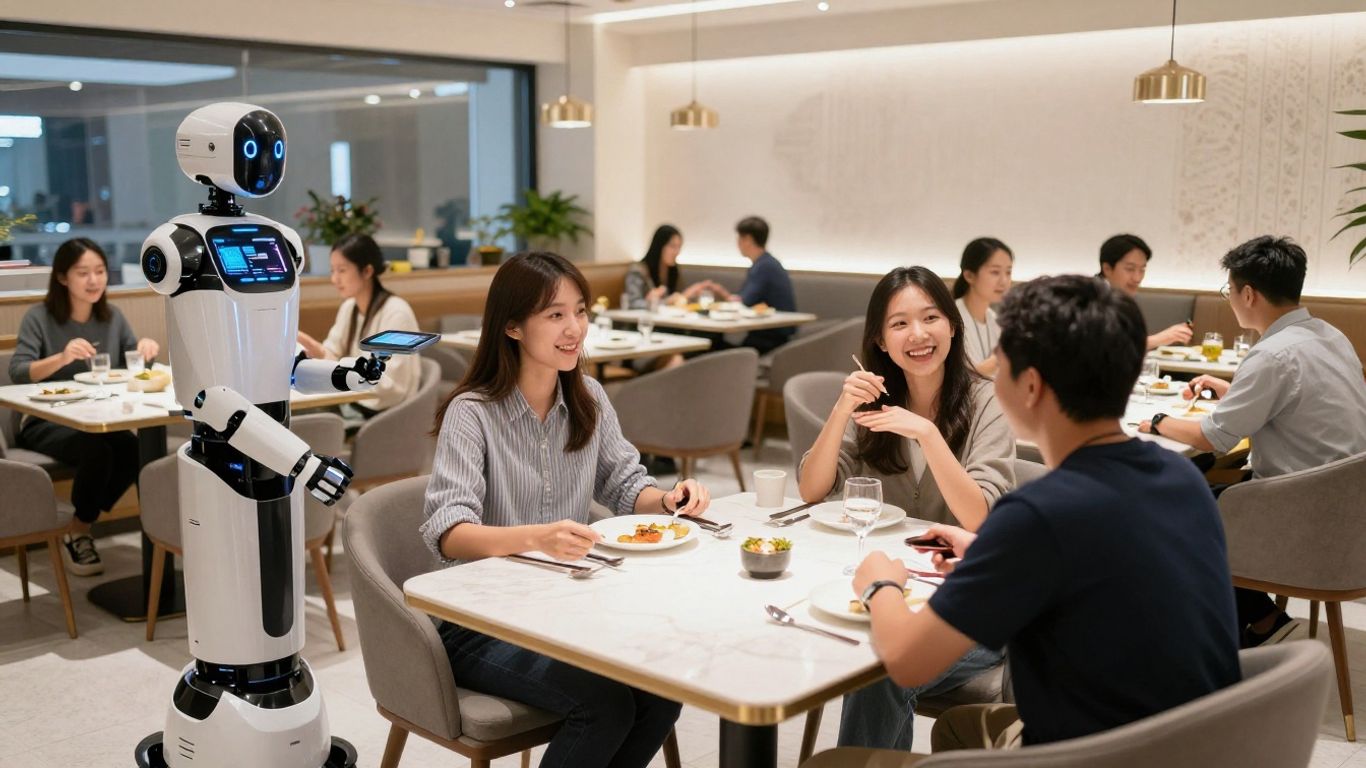 AI-powered restaurant with robots and happy diners