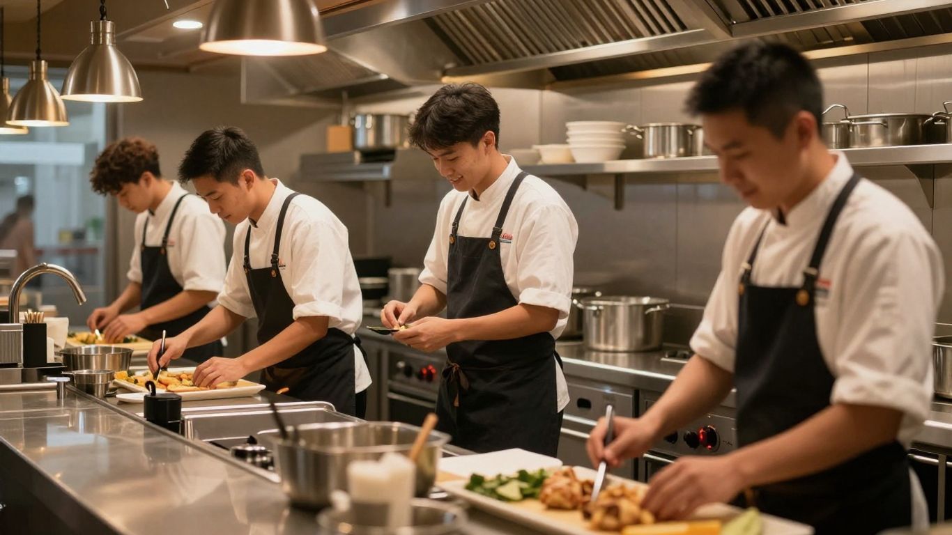 Restaurant staff working efficiently in a modern kitchen.