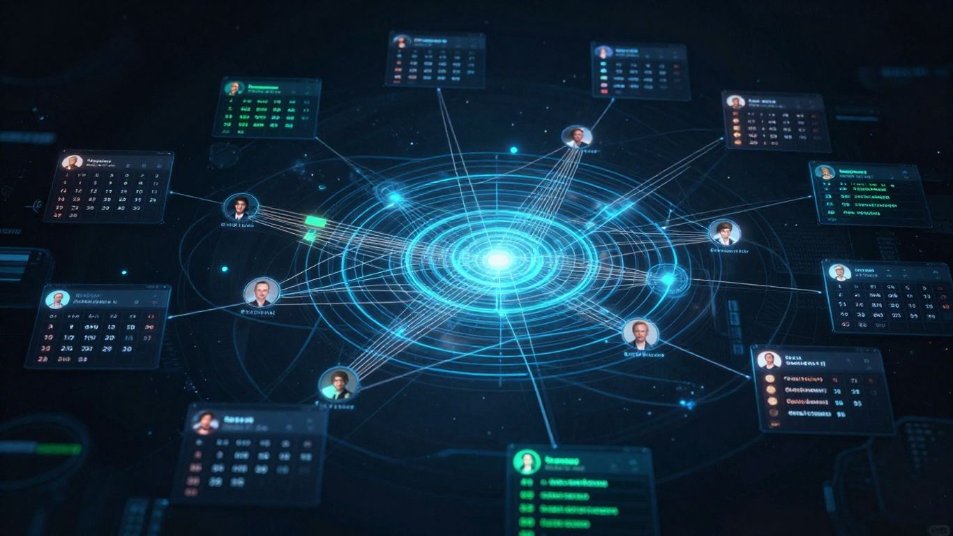 AI booking management interface with glowing connections.