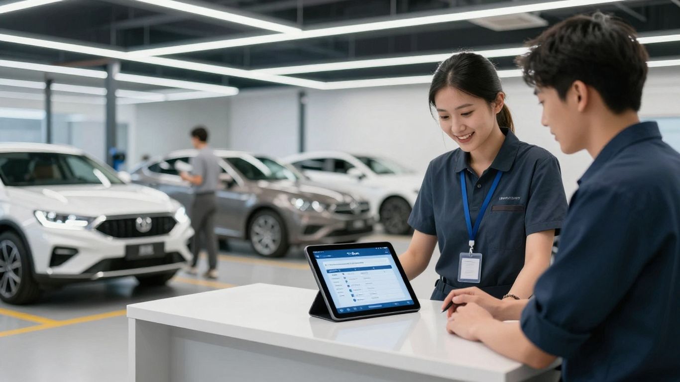 Auto shop staff using a tablet for car bookings