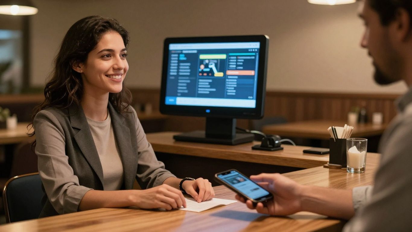 Customer orders food by phone with AI device in restaurant.