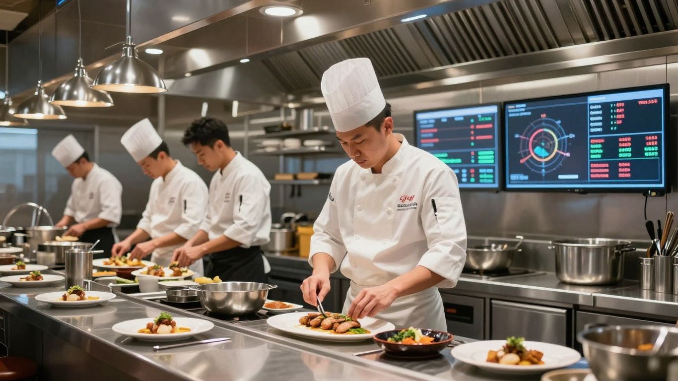 Restaurant kitchen with AI data overlays.
