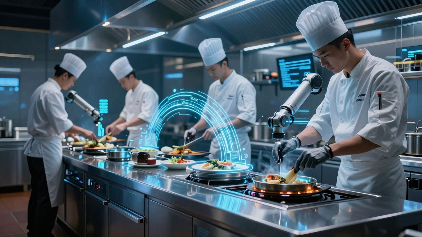 Restaurant kitchen with AI assistance