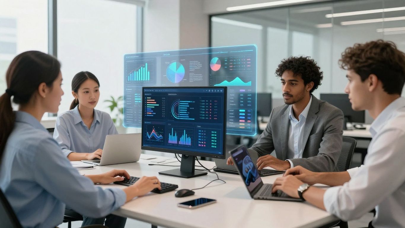 AI sales team collaborating with holographic data.