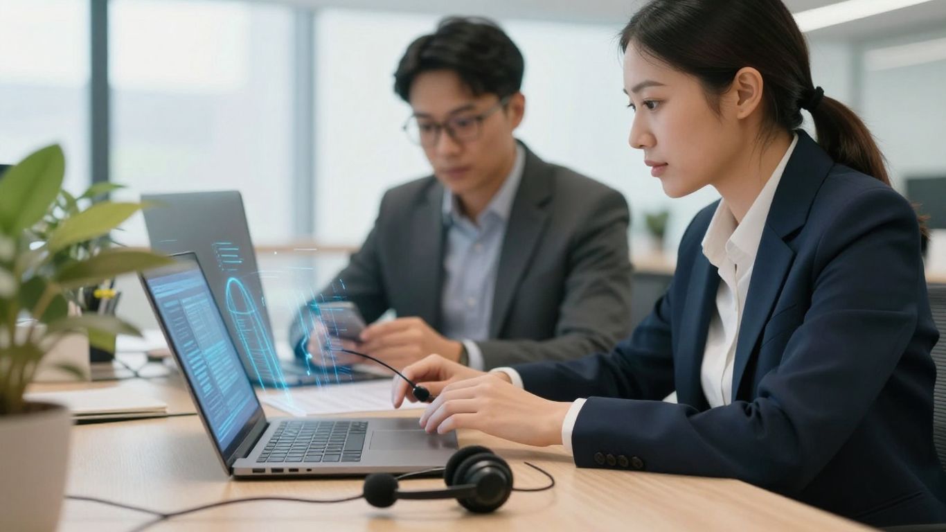 Modern workspace with laptop, headset, and professionals collaborating