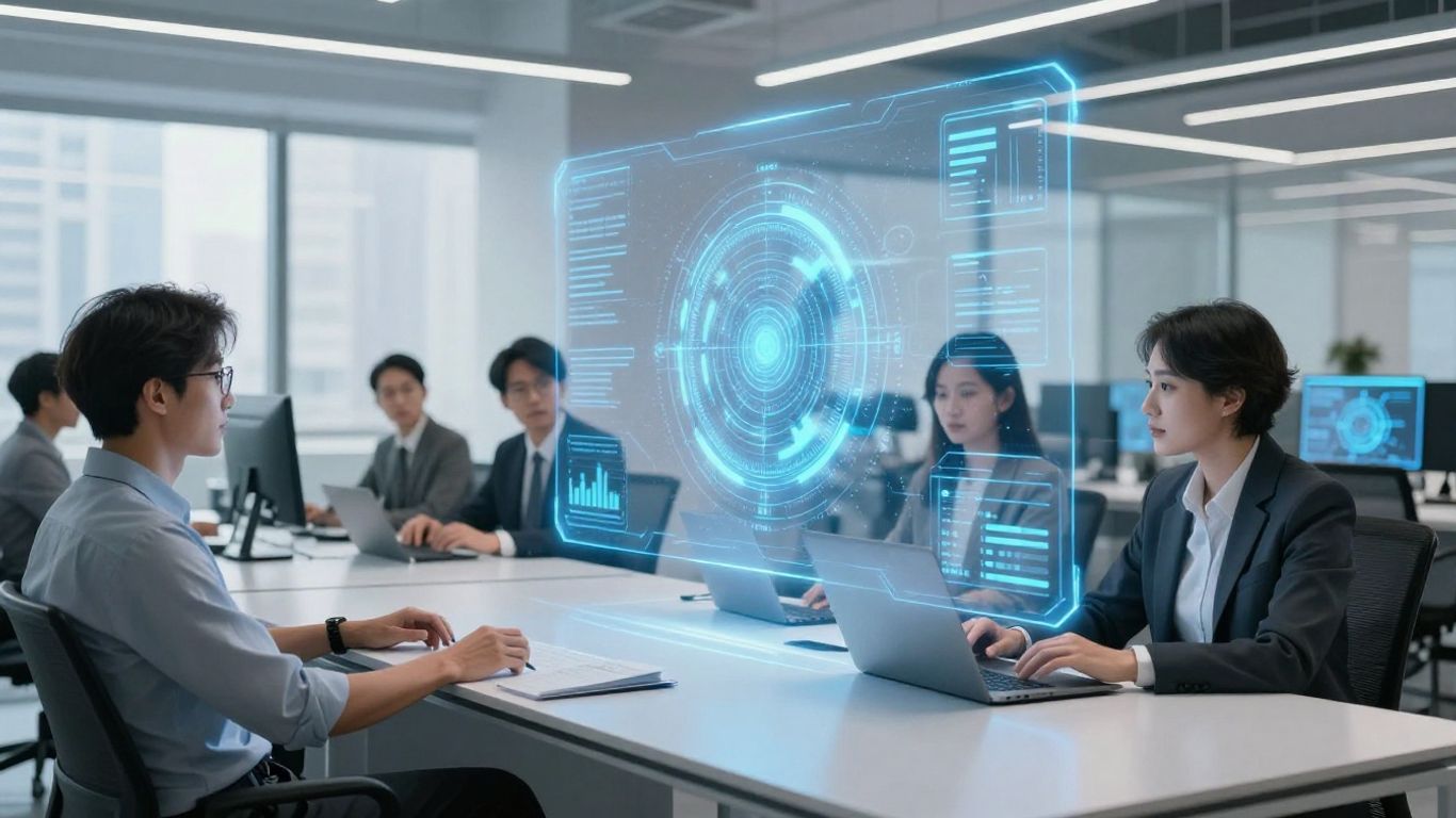 Business team with AI hologram in modern office