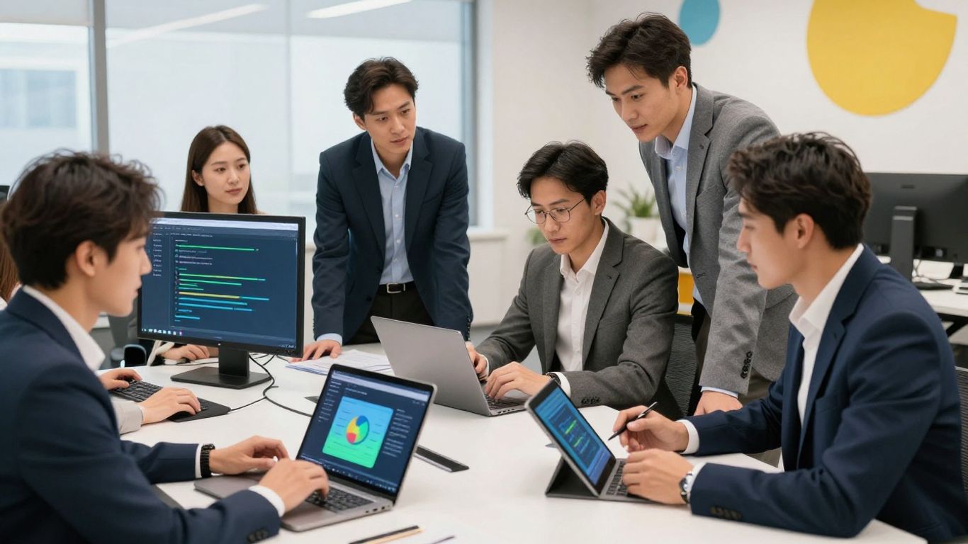 Professional sales team using digital devices in modern office