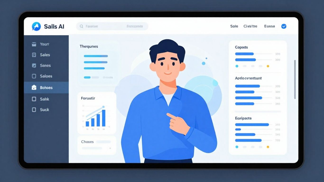 AI sales platform interface with avatar and dashboard.