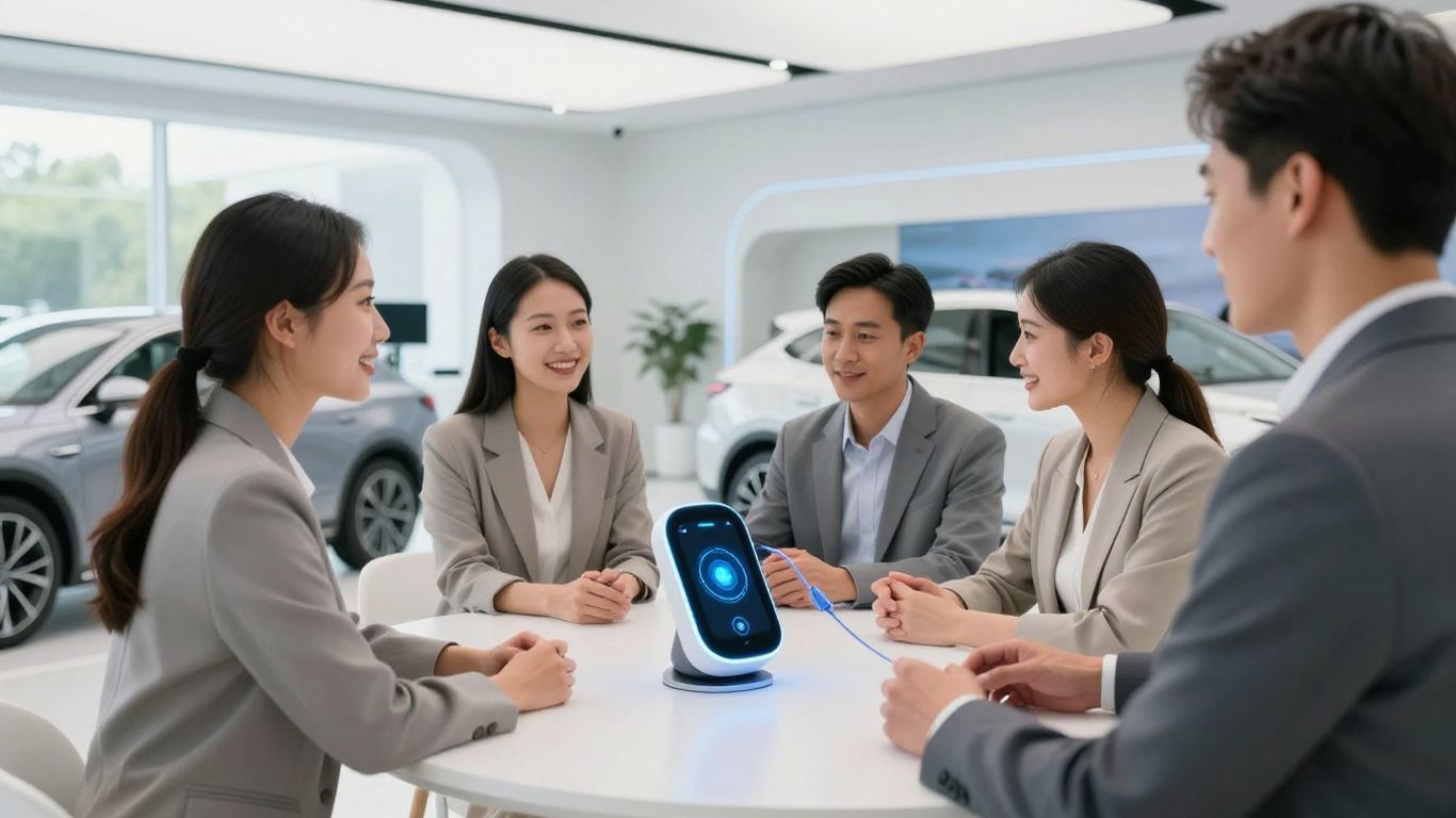 AI voice agent in futuristic auto dealership