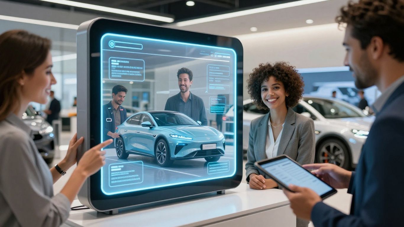 AI voice agent in futuristic auto dealership