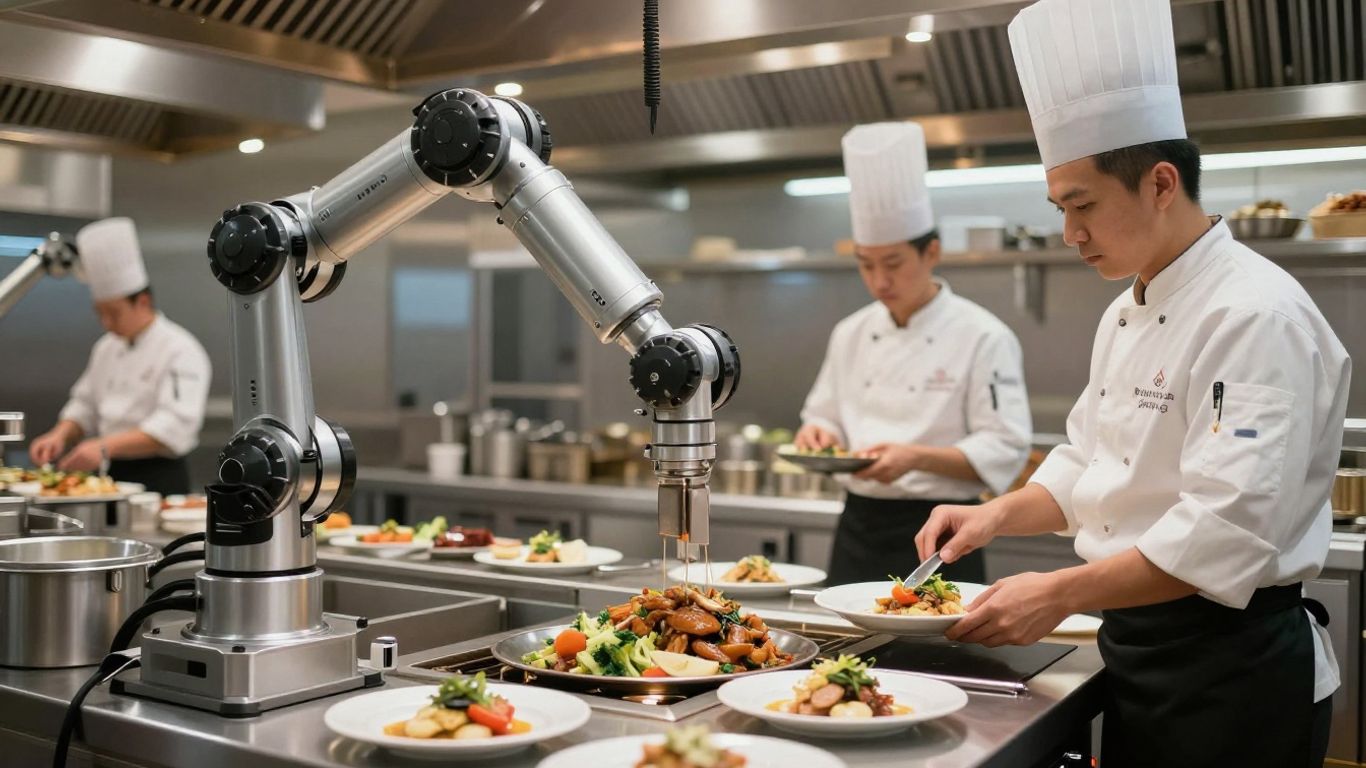 AI automation in a modern restaurant kitchen.