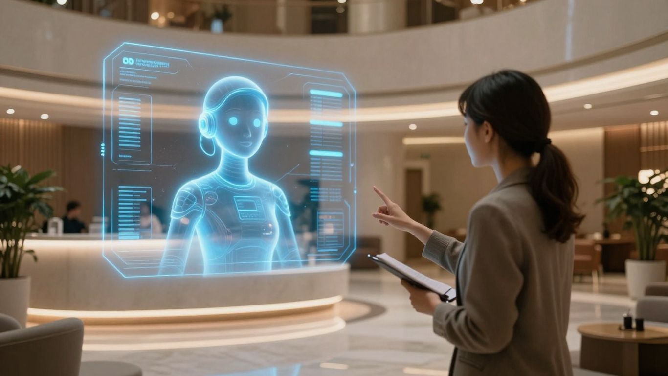 AI agent assisting traveler in a modern hotel lobby.