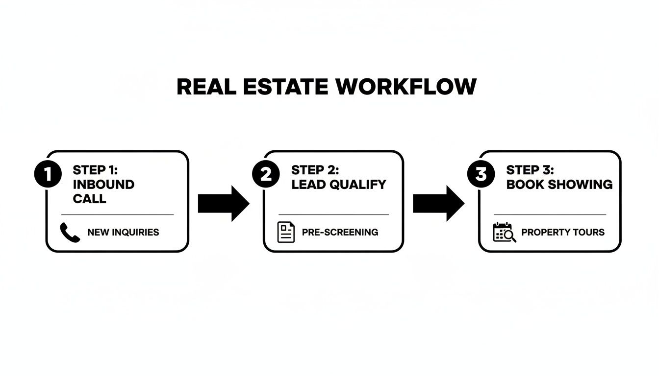 A real estate workflow diagram showing three steps: inbound call, lead qualification, and property showing booking.