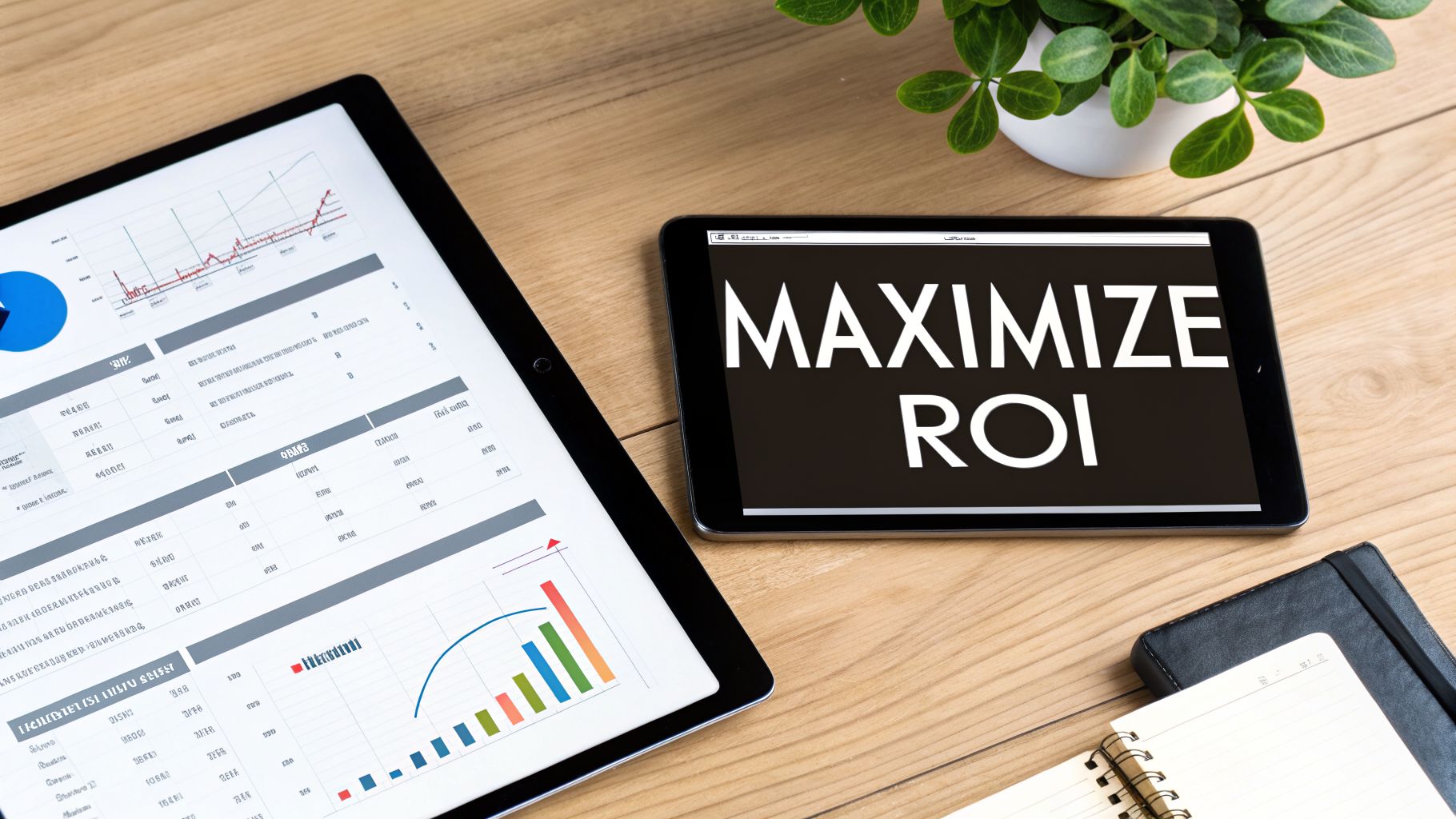 Tablets on a wooden desk, one showing business data charts and the other 'MAXIMIZE ROI'.
