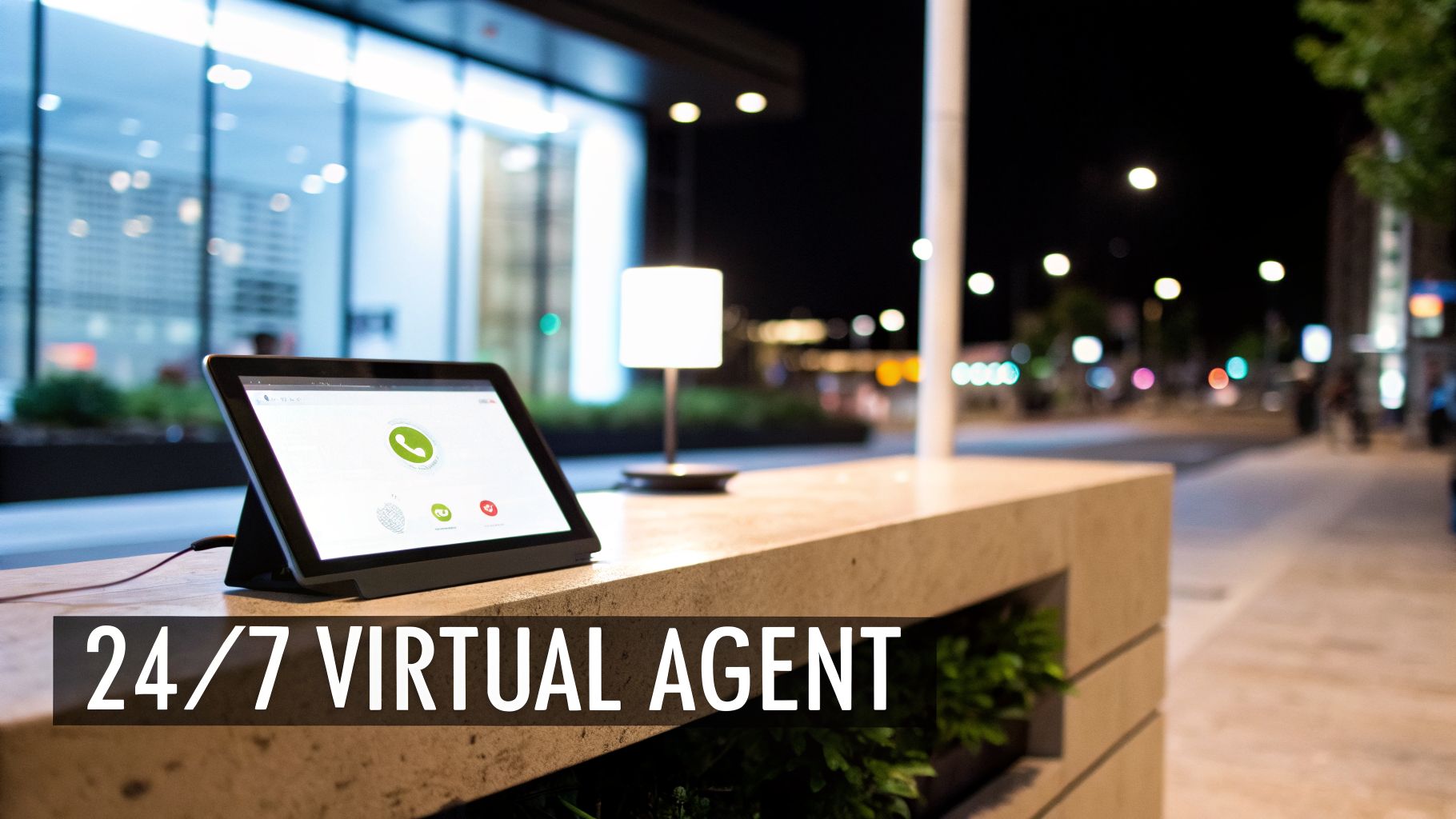 A tablet on a stone counter displays a virtual video call interface with a green phone icon, in a modern building lobby at night.