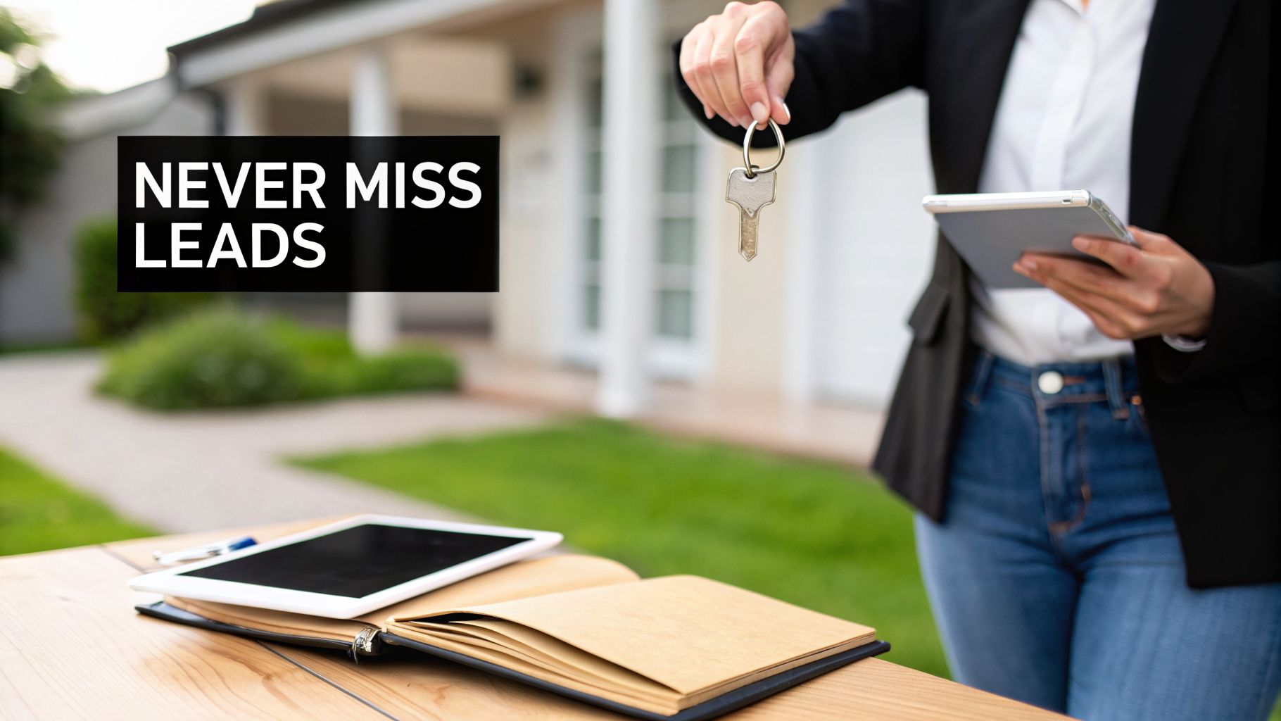 A realtor holds house keys and a tablet outside a home, with another tablet and notebook on a table.