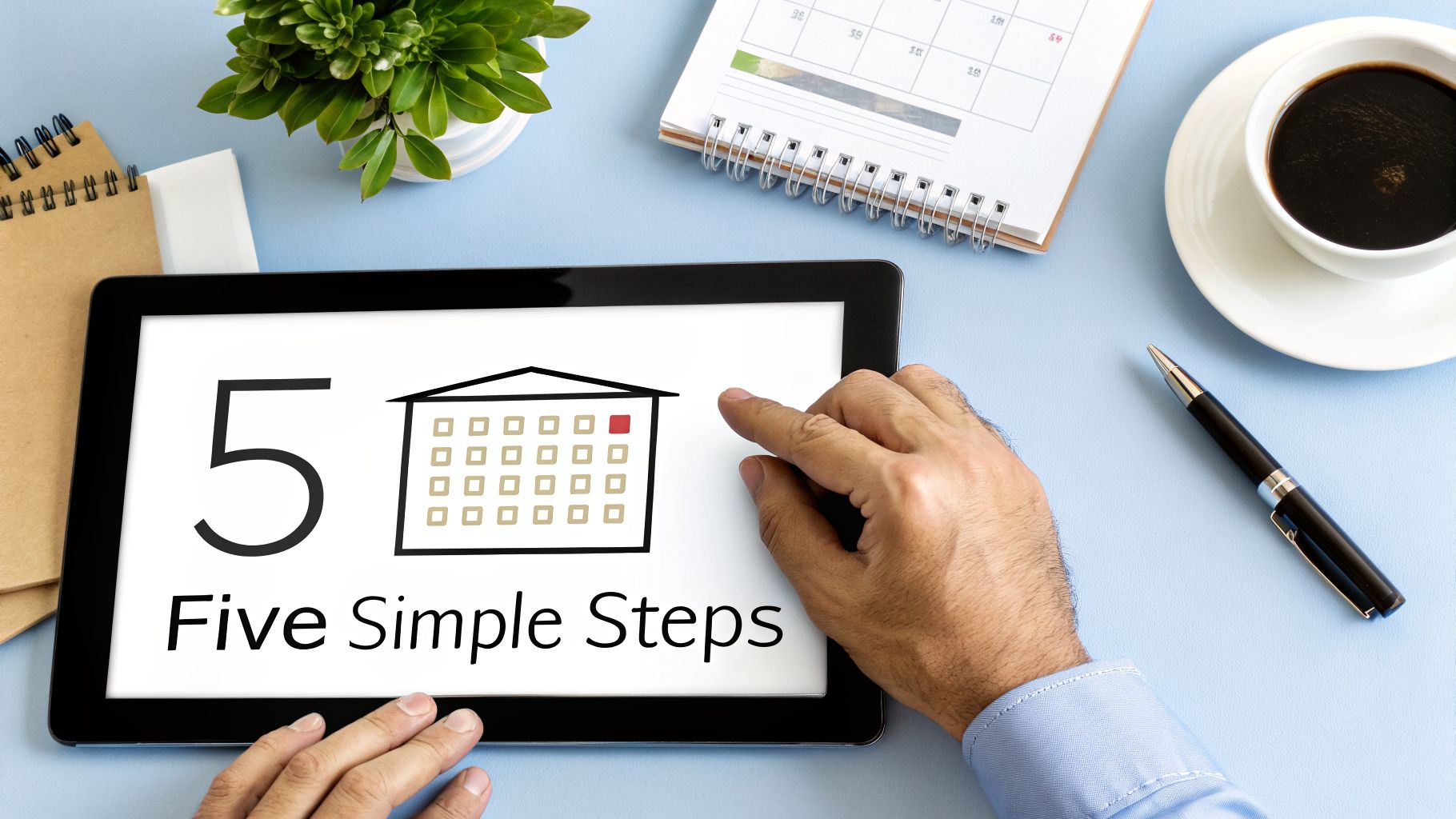 Hands holding a tablet displaying '5 Five Simple Steps' with a house calendar icon on a blue desk.