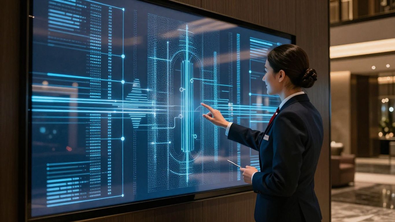 Hotel lobby with AI interface and staff member.