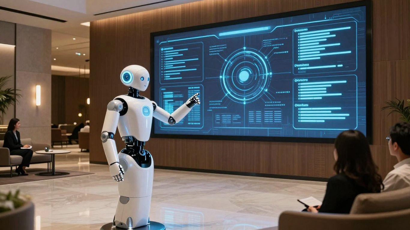 AI hotel assistant helping a guest in a modern lobby.
