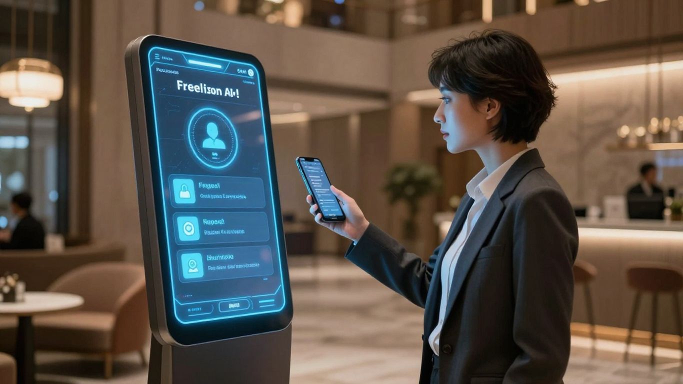 AI voice booking system in a modern hotel lobby.