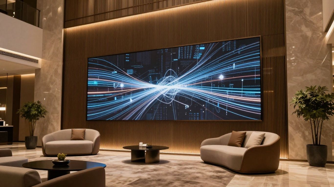 Hotel lobby with abstract data streams, symbolizing AI integration.