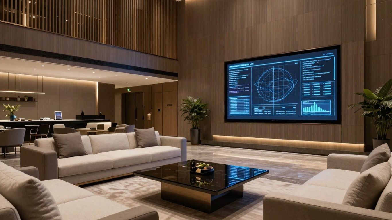 Modern hotel lobby with abstract digital display.