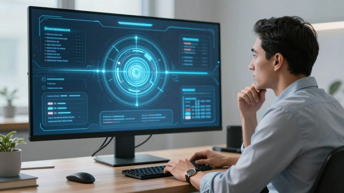 Financial advisor interacting with AI interface on desk.