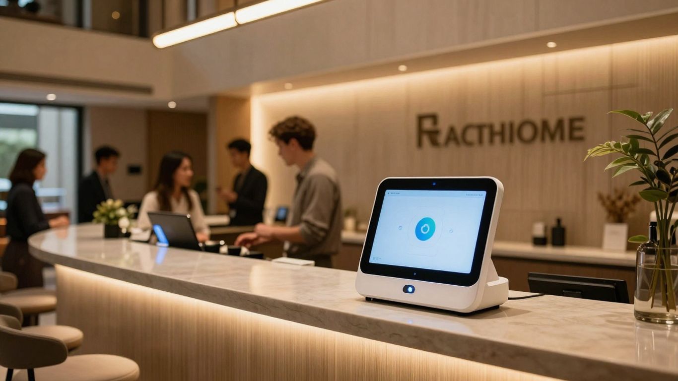 Hotel lobby with guests and AI voice assistant device