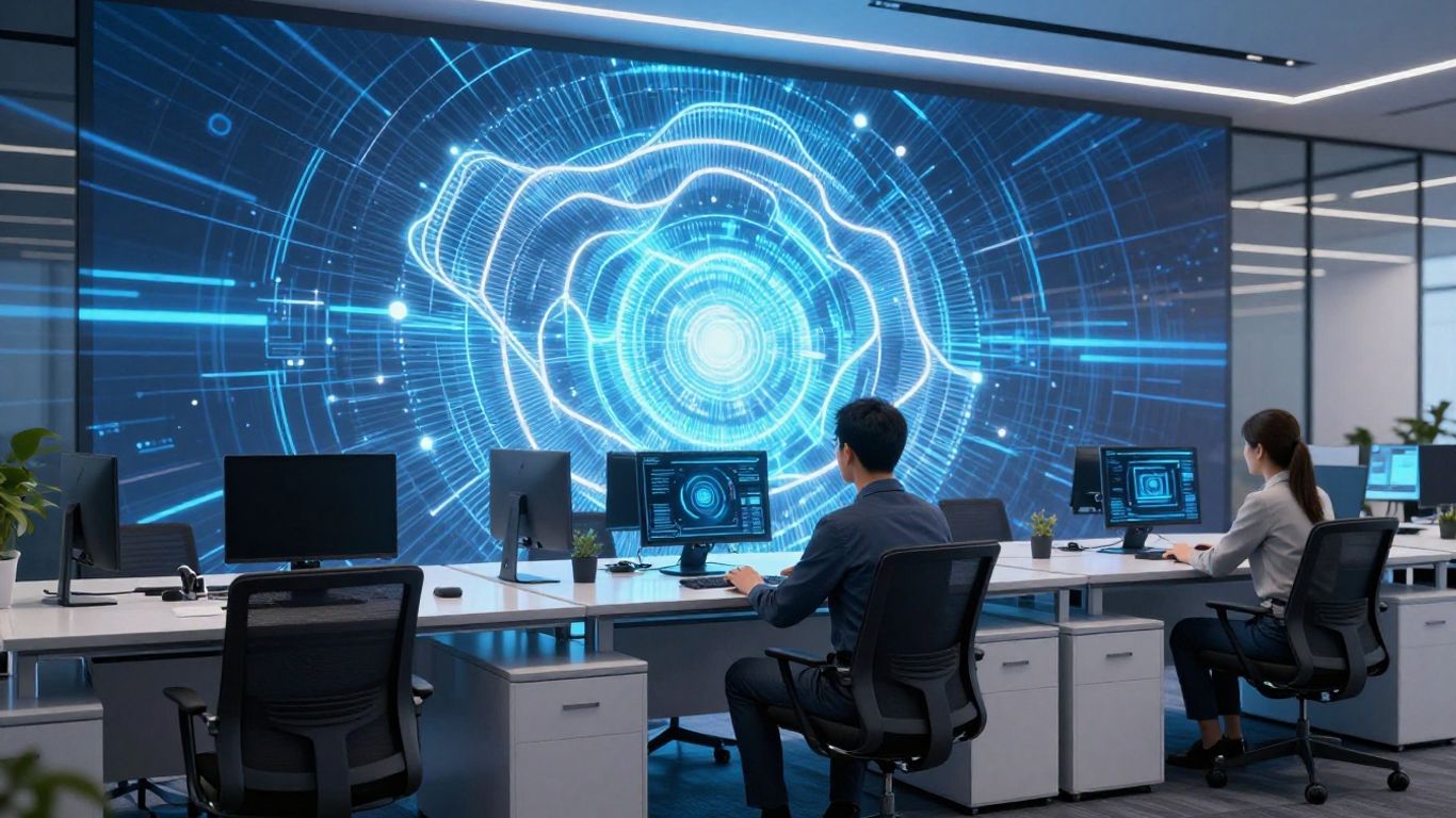 Gradient AI logo with abstract AI pattern.