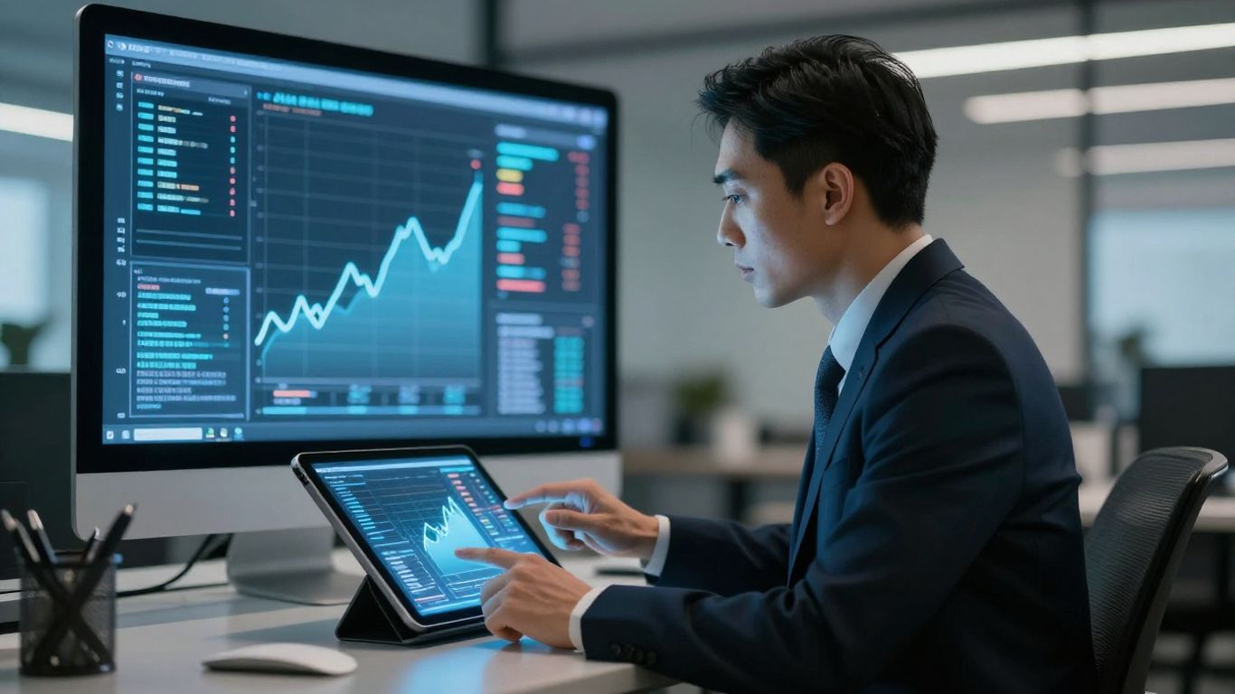 Financial advisor using AI notetaker on a futuristic tablet.
