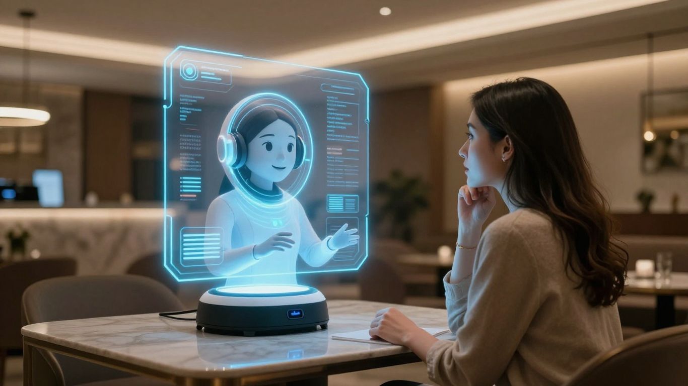 AI assistant helping a guest in a modern hotel lobby.