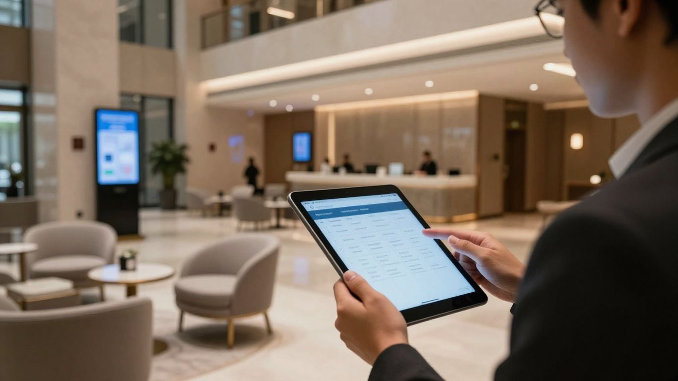 Hotel lobby with guest using a tablet