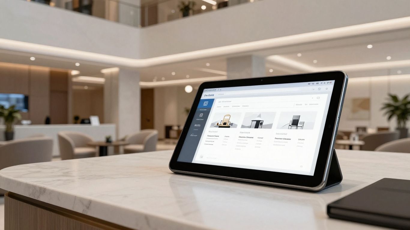 Hotel lobby with digital tablet interface.