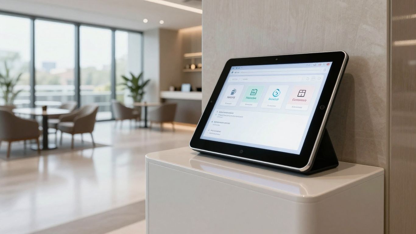 Hotel lobby with digital tablet showing management software.